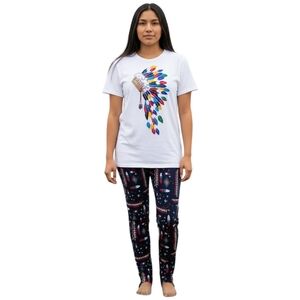 Vintage Native American Style Beaded Headdress Tee & Tribal Stirrup Pants Set M